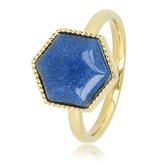 My Bendel - Goudkleurige ring met grote zeshoek Blue Aventurine edelsteen - Bijzondere goudkleurige ring gevormd in een zeshoek met Blue Aventurine edelsteen - Met luxe cadeauverpakking