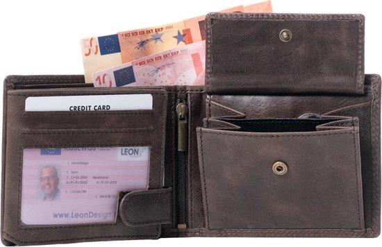 Bruine, open portemonnee met creditcards, eurobiljetten, een ritssluiting en een muntvakje.