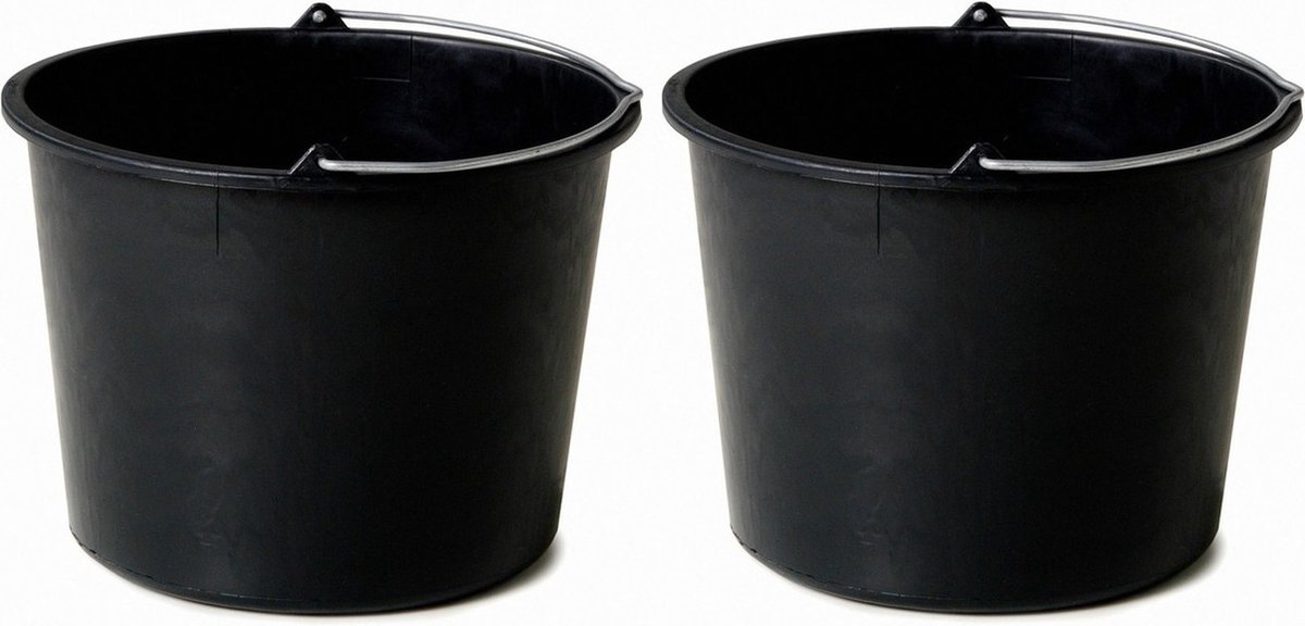 Goedkoopste Set van 2 Bouwemmers – 20 Liter – Zwart – Met Maatverdeling en Verzinkte Beugel – Robuust Kunststof – Voor Bouw, Schoonmaak en Huishoudelijk Gebruik