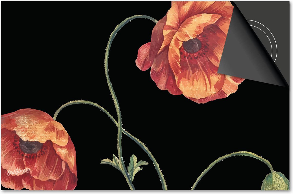 Inductie beschermer 60x52 - afdekplaat inductie mat - Dietrix Kookplaat beschermer - Base - Botanical - Klaprozen op zwart