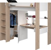 Vente-unique Hoogslaper met bureau en kast - 90 x 200 cm - Wit en naturel - AUCKLAND L 204.4 cm x H 178.3 cm x D 116.4 cm