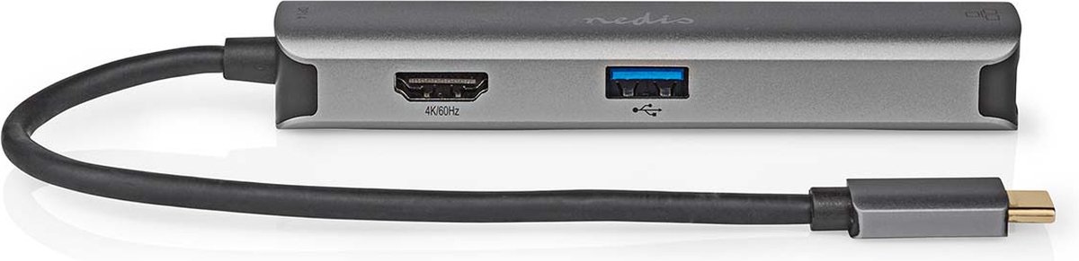 Nedis USB Multi-Port Adapter - 5-in-1 - USB 3.2 Gen 1 - USB-C Male - HDMI Output / RJ45 Female / 3x USB-A Female - 5 Gbps - 0.20 m - Rond - Verguld - PVC - Antraciet - Doos