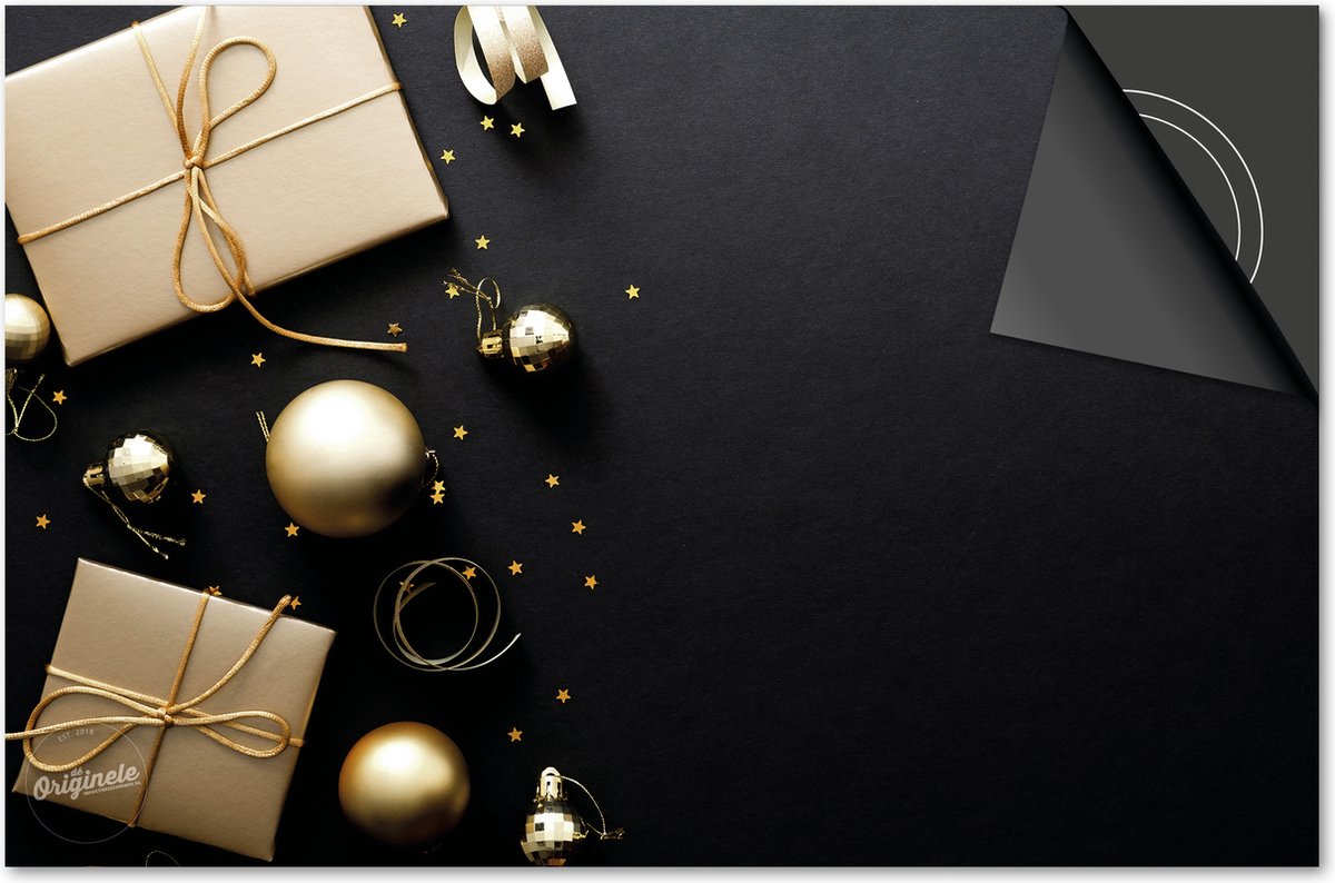 Inductie beschermer 71x52 - afdekplaat inductie mat - Dietrix Kookplaat beschermer - Base - Feestdagen - Zwart met gouden cadeautjes