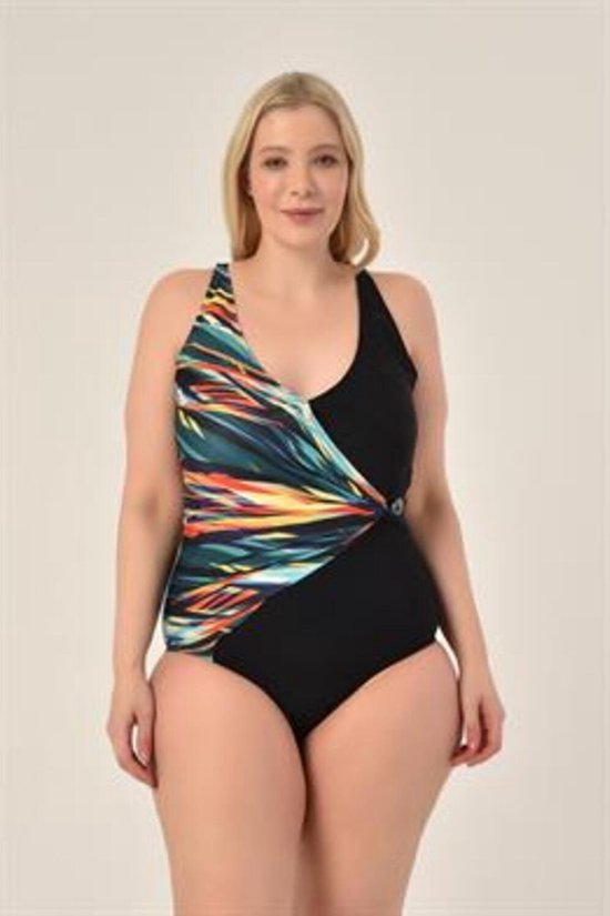 Badpak- Bikini&Badmode- Zwempak met gemengd patroon- Dubbele rij gedetailleerd fashion badpak- Zwart groen mix patroon 204- Maat 42