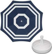 Parasol - Blauw/wit - D140 cm - incl. draagtas - parasolvoet - 42 cm