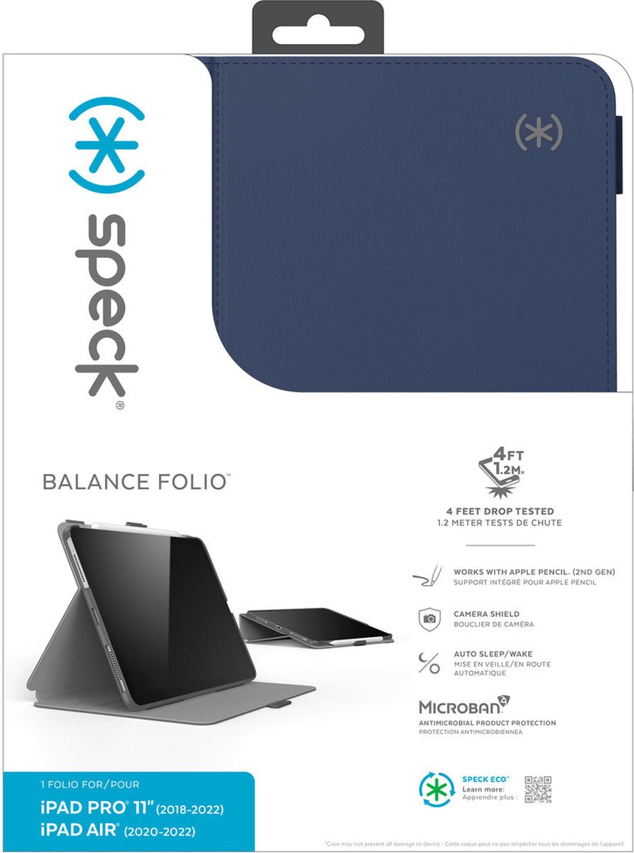 Speck hoesje geschikt voor Apple iPad Pro 11 (2022) - Stand functie - Veiligheidskliksysteem - Automatisch aan/uit magneet functie - Gevoerde binnenkant - Microban Antibacterieel - Blauw