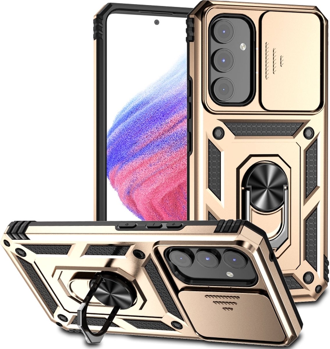 MobyDefend Hoesje - Geschikt voor Samsung Galaxy A14 - Pantsercase Met Draaibare Ring - Goud