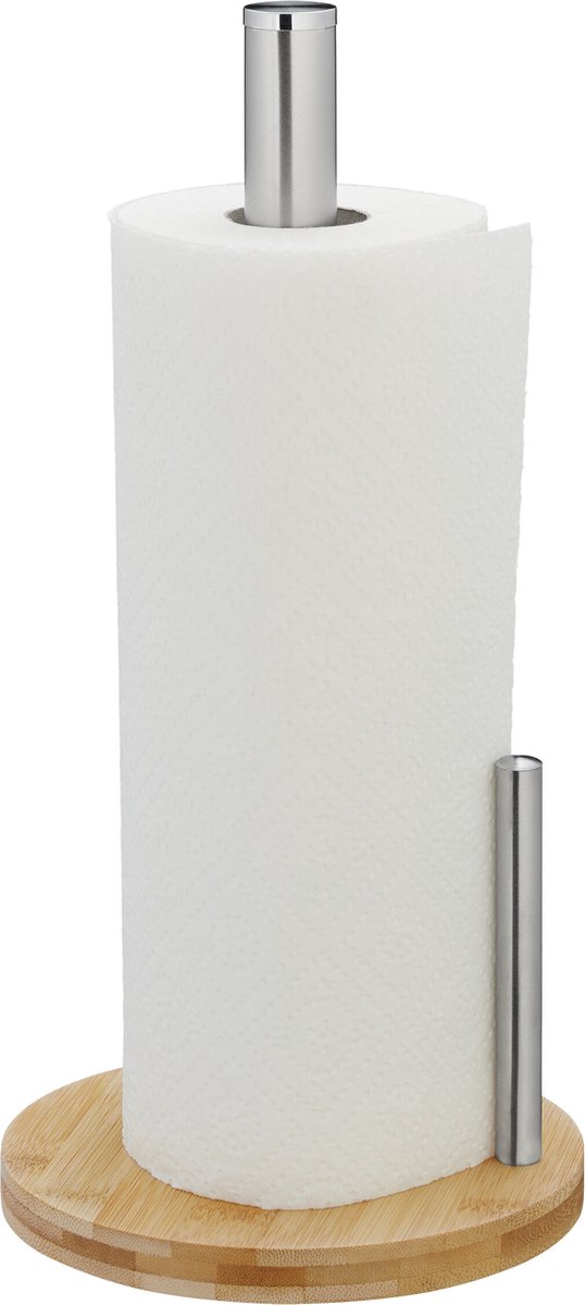 keukenrolhouder staand - 33 x 16 cm - bamboe - rvs - met stop - rond