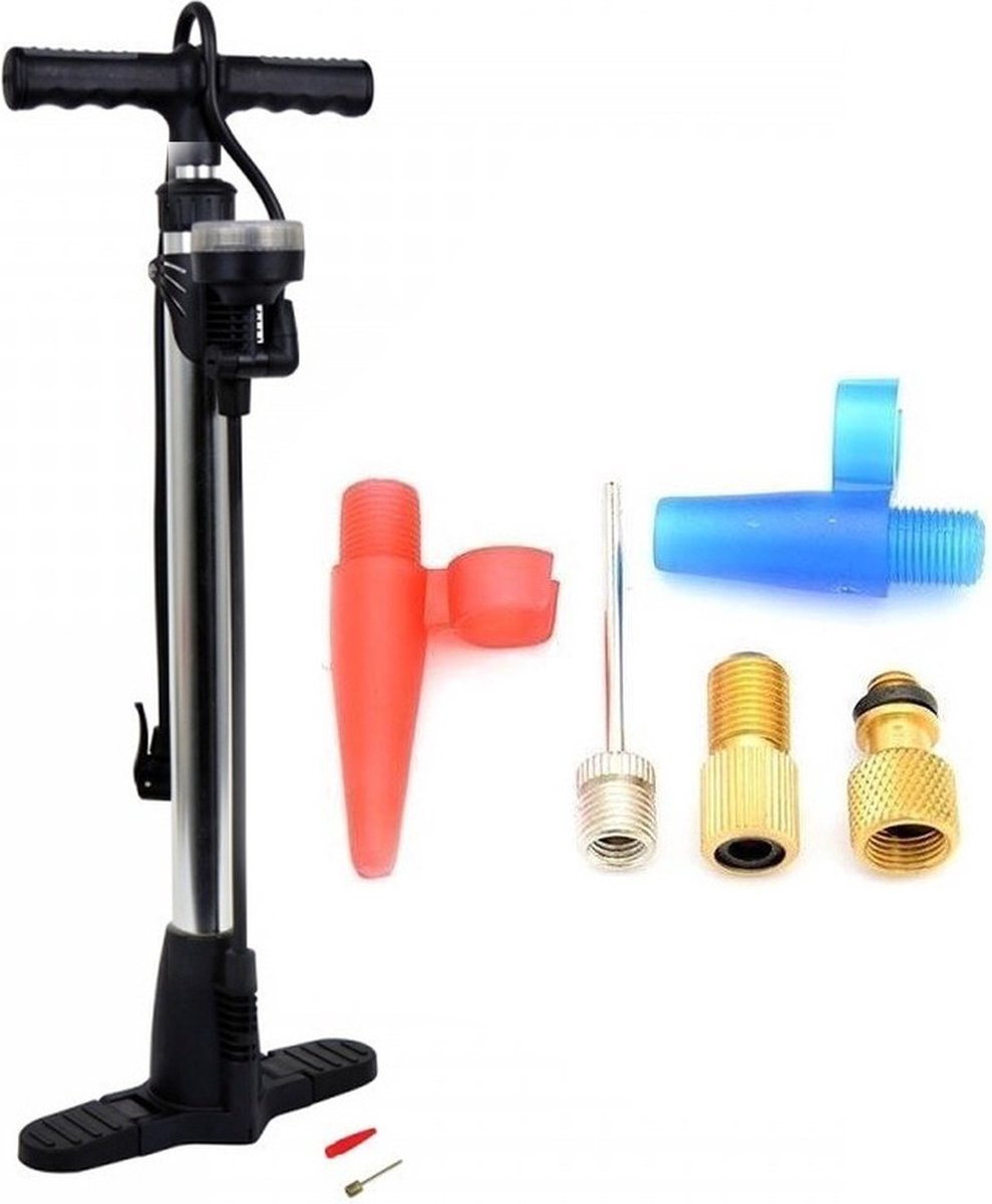 Luxe fietspomp met manometer inclusief 5-delige nippelset - Fietsband oppompen - Fietspompen - Voor alle ventielen