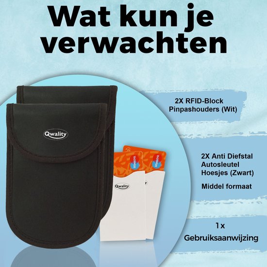 Twee zwarte Qwality hoesjes en twee witte RFID kaarthouders met creditcards.
