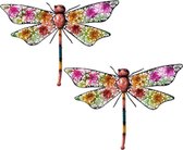 2x stuks grote metalen libelle gekleurd 29 x 47 cm tuin decoratie - Tuindecoratie libelles - Dierenbeelden hangdecoraties