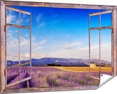 Gards Tuinposter Doorkijk Raam met Lavendel Veld - 150x100 cm - Tuindoek - Tuindecoratie - Wanddecoratie buiten - Tuinschilderij