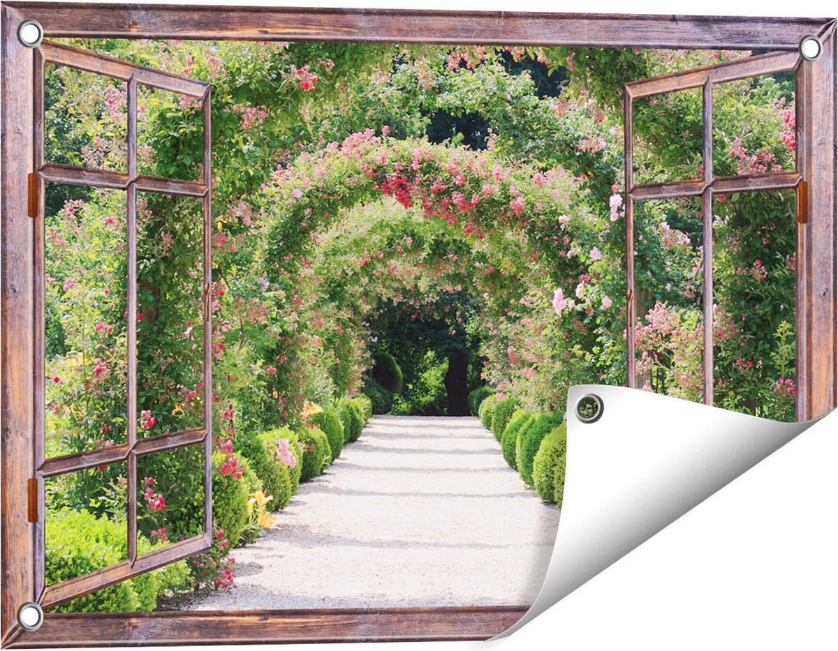 Gards Tuinposter Doorkijk Rozenbogen Tunnel - 60x40 cm - Tuindoek - Tuindecoratie - Wanddecoratie buiten - Tuinschilderij Bruin