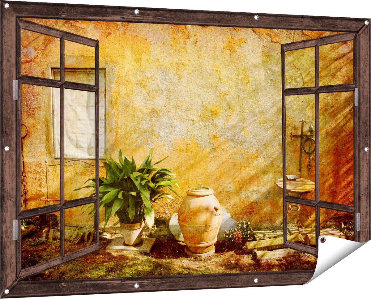 Gards Tuinposter Doorkijk Oude Stenen Muur - 150x100 cm - Tuindoek - Tuindecoratie - Wanddecoratie buiten - Tuinschilderij Donker bruin
