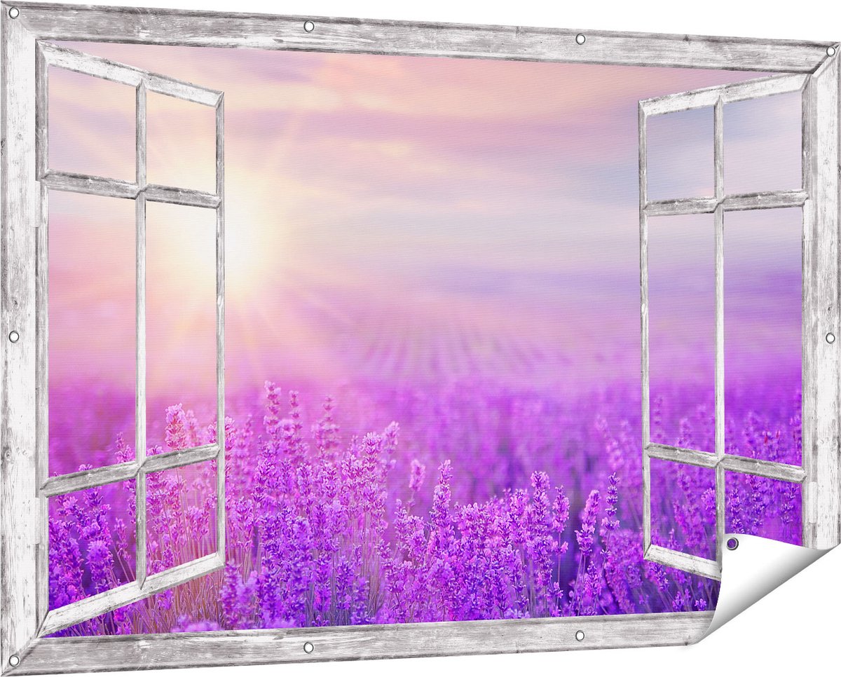 Gards Tuinposter Doorkijk Bloemenveld met Paarse Lavendel - 150x100 cm - Tuindoek - Tuindecoratie - Wanddecoratie buiten - Tuinschilderij Grijs