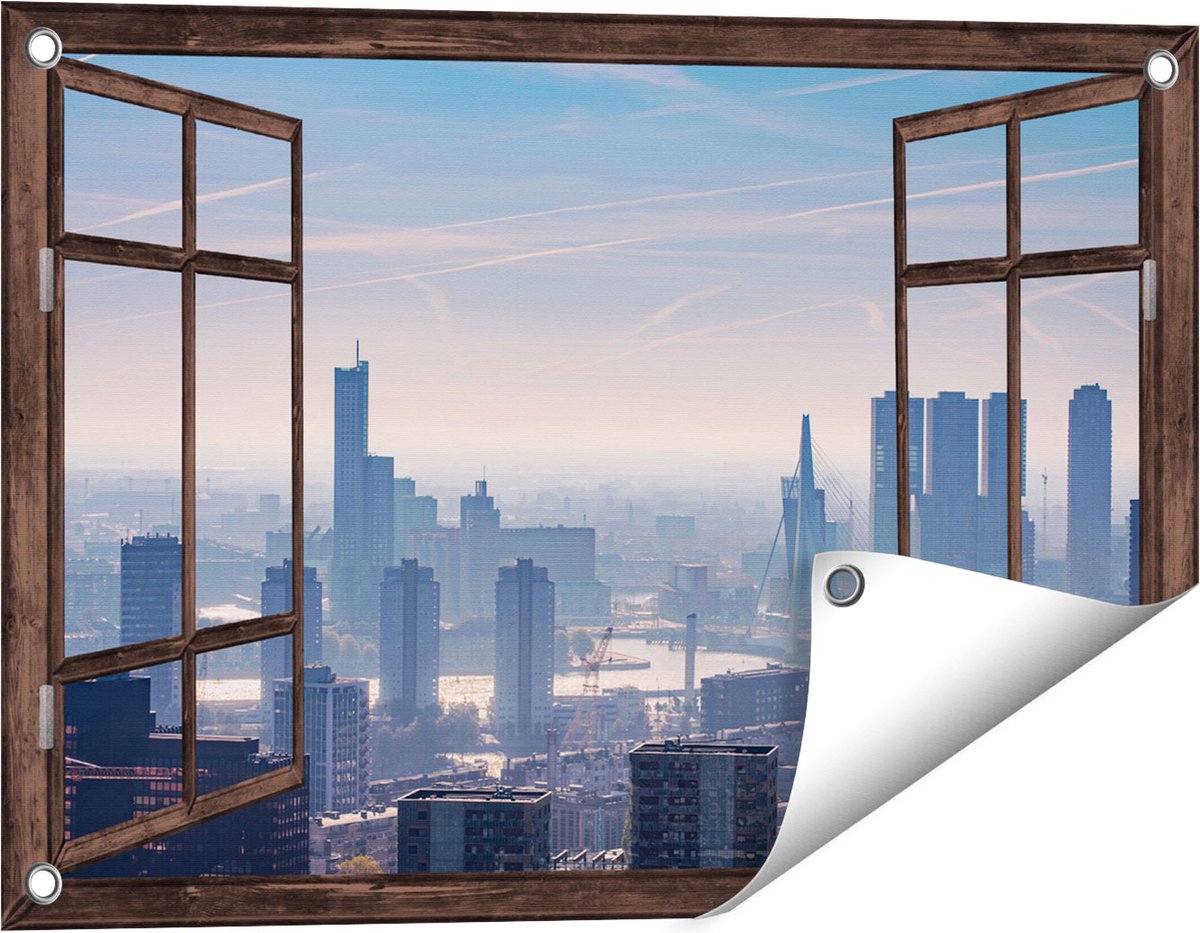 Gards Tuinposter Doorkijk Rotterdamse Skyline - 60x40 cm - Tuindoek - Tuindecoratie - Wanddecoratie buiten - Tuinschilderij donker bruin