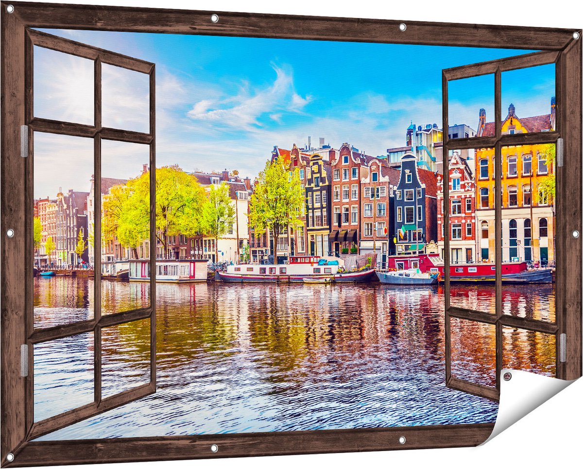 Gards Tuinposter Doorkijk Amsterdamse Huisjes aan het Water - 150x100 cm - Tuindoek - Tuindecoratie - Wanddecoratie buiten - Tuinschilderij Donker bruin