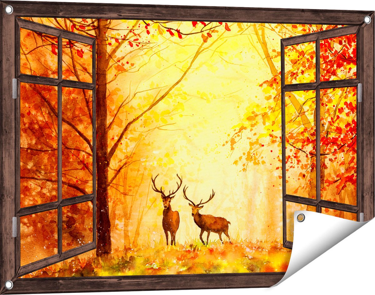 Gards Tuinposter Doorkijk Getekende Herten in het Bos - Herfst - 90x60 cm - Tuindoek - Tuindecoratie - Wanddecoratie buiten - Tuinschilderij donker bruin