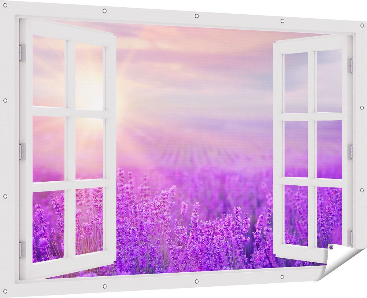 Gards Tuinposter Doorkijk Bloemenveld met Paarse Lavendel - 180x120 cm - Tuindoek - Tuindecoratie - Wanddecoratie buiten - Tuinschilderij Multikleur