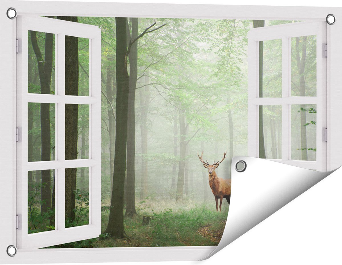 Gards Tuinposter Doorkijk Hert in Bos - 60x40 cm - Tuindoek - Tuindecoratie - Wanddecoratie buiten - Tuinschilderij wit