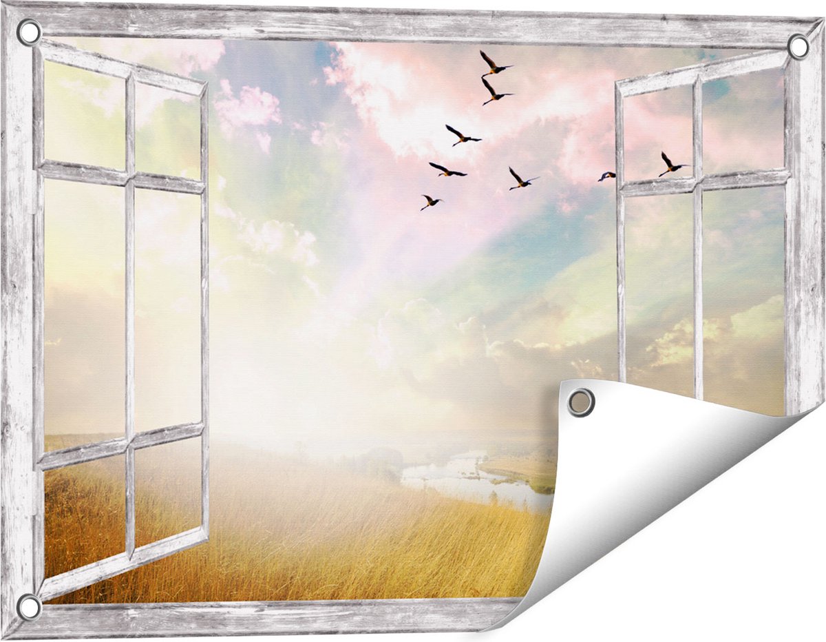 Gards Tuinposter Doorkijk Groep Vogels Vliegen Boven het Gras - 60x40 cm - Tuindoek - Tuindecoratie - Wanddecoratie buiten - Tuinschilderij grijs