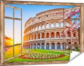 Gards Tuinposter Doorkijk Colosseum bij Zonsopgang in Rome, Italië - 120x80 cm - Tuindoek - Tuindecoratie - Wanddecoratie buiten - Tuinschilderij