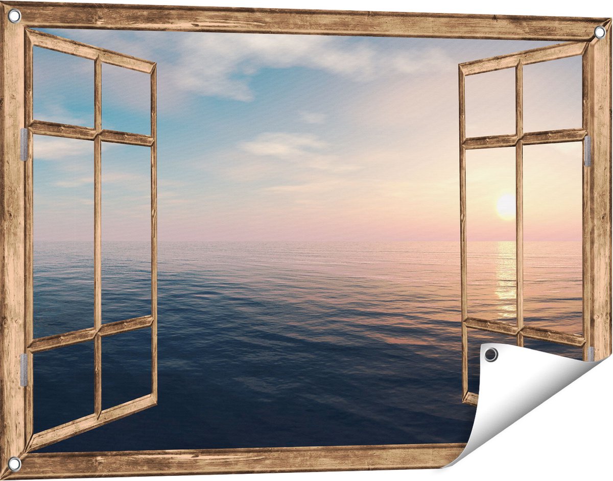 Gards Tuinposter Doorkijk Zee Water tijdens Zonsondergang - 90x60 cm - Tuindoek - Tuindecoratie - Wanddecoratie buiten - Tuinschilderij Licht bruin