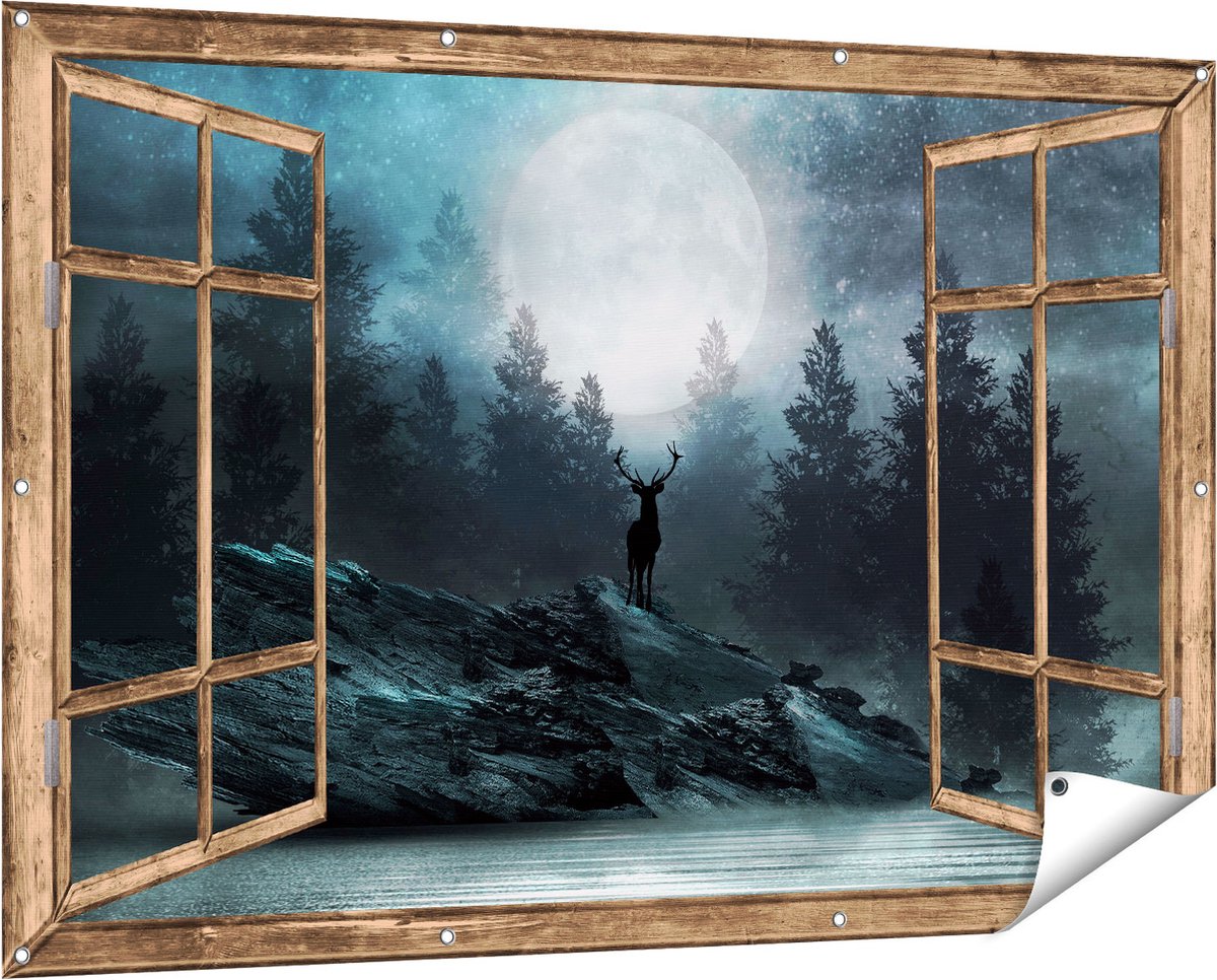 Gards Tuinposter Doorkijk Hert op een Rots tijdens Volle Maan - 150x100 cm - Tuindoek - Tuindecoratie - Wanddecoratie buiten - Tuinschilderij licht bruin