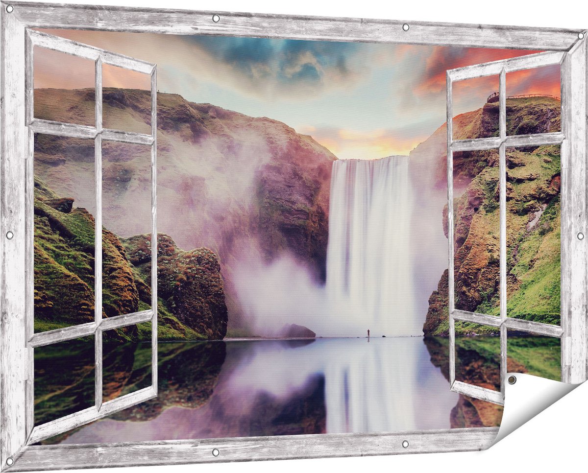 Gards Tuinposter Doorkijk Waterval met een Weerspiegeling in het Water - 150x100 cm - Tuindoek - Tuindecoratie - Wanddecoratie buiten - Tuinschilderij Grijs