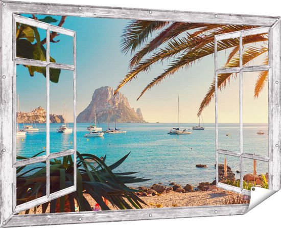 Gards Tuinposter Doorkijk Ibiza Cala d'Hort Strand - 180x120 cm - Tuindoek - Tuindecoratie - Wanddecoratie buiten - Tuinschilderij