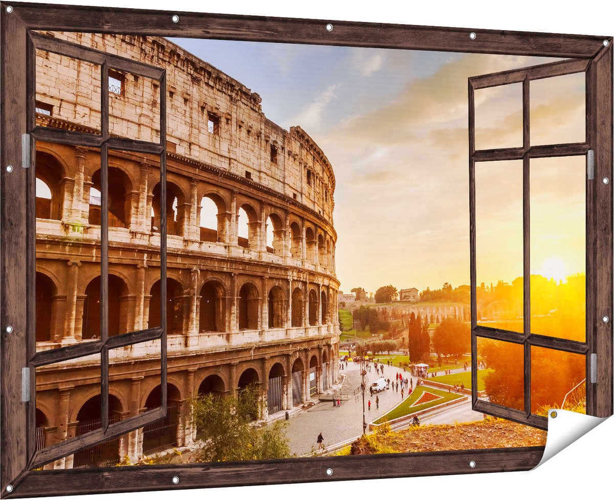 Gards Tuinposter Doorkijk Colosseum bij Zonsondergang in Italïe - 180x120 cm - Tuindoek - Tuindecoratie - Wanddecoratie buiten - Tuinschilderij Multikleur