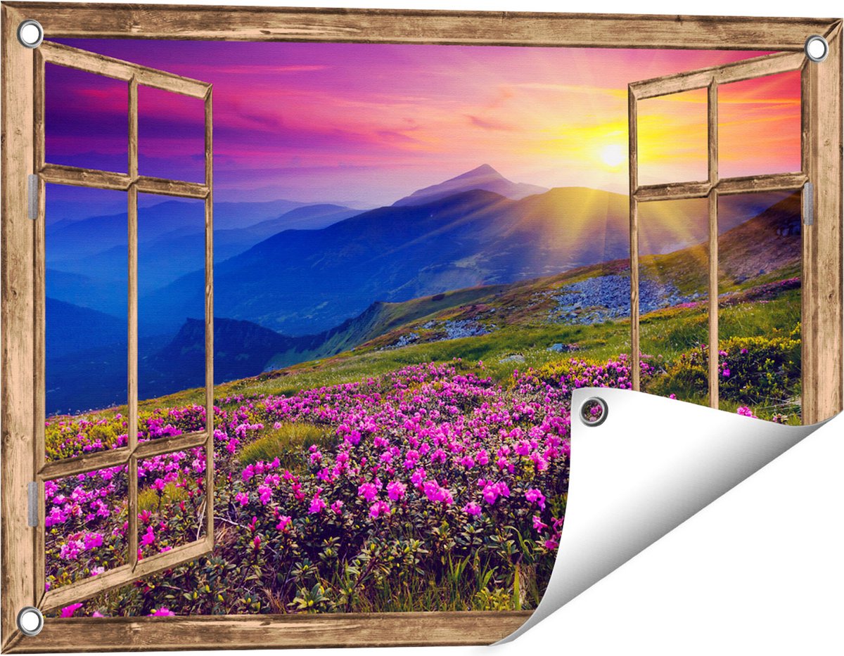 Gards Tuinposter Doorkijk Roze Rhododendron Bloemenveld - Bergen - 60x40 cm - Tuindoek - Tuindecoratie - Wanddecoratie buiten - Tuinschilderij