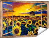 Gards Tuinposter Doorkijk Getekende Zonnebloemen Veld met Olieverf - 90x60 cm - Tuindoek - Tuindecoratie - Wanddecoratie buiten - Tuinschilderij