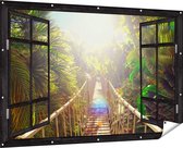 Gards Tuinposter Doorkijk Houten Brug in de Tropische Jungle - 180x120 cm - Tuindoek - Tuindecoratie - Wanddecoratie buiten - Tuinschilderij