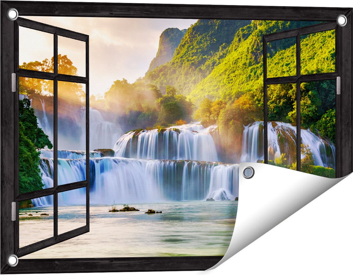 Gards Tuinposter Doorkijk Watervallen tussen de Bomen - 60x40 cm - Tuindoek - Tuindecoratie - Wanddecoratie buiten - Tuinschilderij zwart