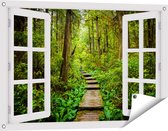 Gards Tuinposter Doorkijk Voetpad in het Bos met Groene Planten - 90x60 cm - Tuindoek - Tuindecoratie - Wanddecoratie buiten - Tuinschilderij