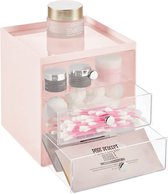 Make-uporganizer – stapelbare opbergdoos met 3 laden voor mascara, poeder, nagellak en meer – ladebox voor badkamer, kaptafel of kantoor – roze en doorzichtig