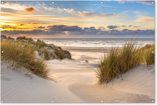 Muurdecoratie Strand - Duin - Gras - Zonsondergang - Zee - 180x120 cm - Tuinposter - Tuindoek - Buitenposter