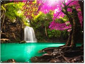 Tuinposter waterval - Bomen - Bladeren - Roze - Natuur - Tuinschilderij voor buiten - Tuindecoratie - Schutting decoratie - 160x120 cm - Tuin - Tuindoek - Schuttingdoek - Tuinposters