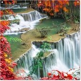 Tuinposter - Waterval - Natuur - Water - Oranje - Rood - Bladeren - 100x100 cm - Tuin - Tuindoek - Tuindecoratie - Tuinposter waterval