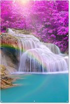 Tuinposter - Water - Regenboog - Waterval - Zon - Roze - Natuur - Tuindoek - Tuindecoratie - 120x180 cm - Tuinposter waterval