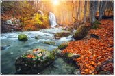 Tuinposter - Waterval - Water - Oranje - Bos - Bladeren - Stenen - 180x120 cm - Tuindoek - Tuindecoratie - Tuinposter waterval