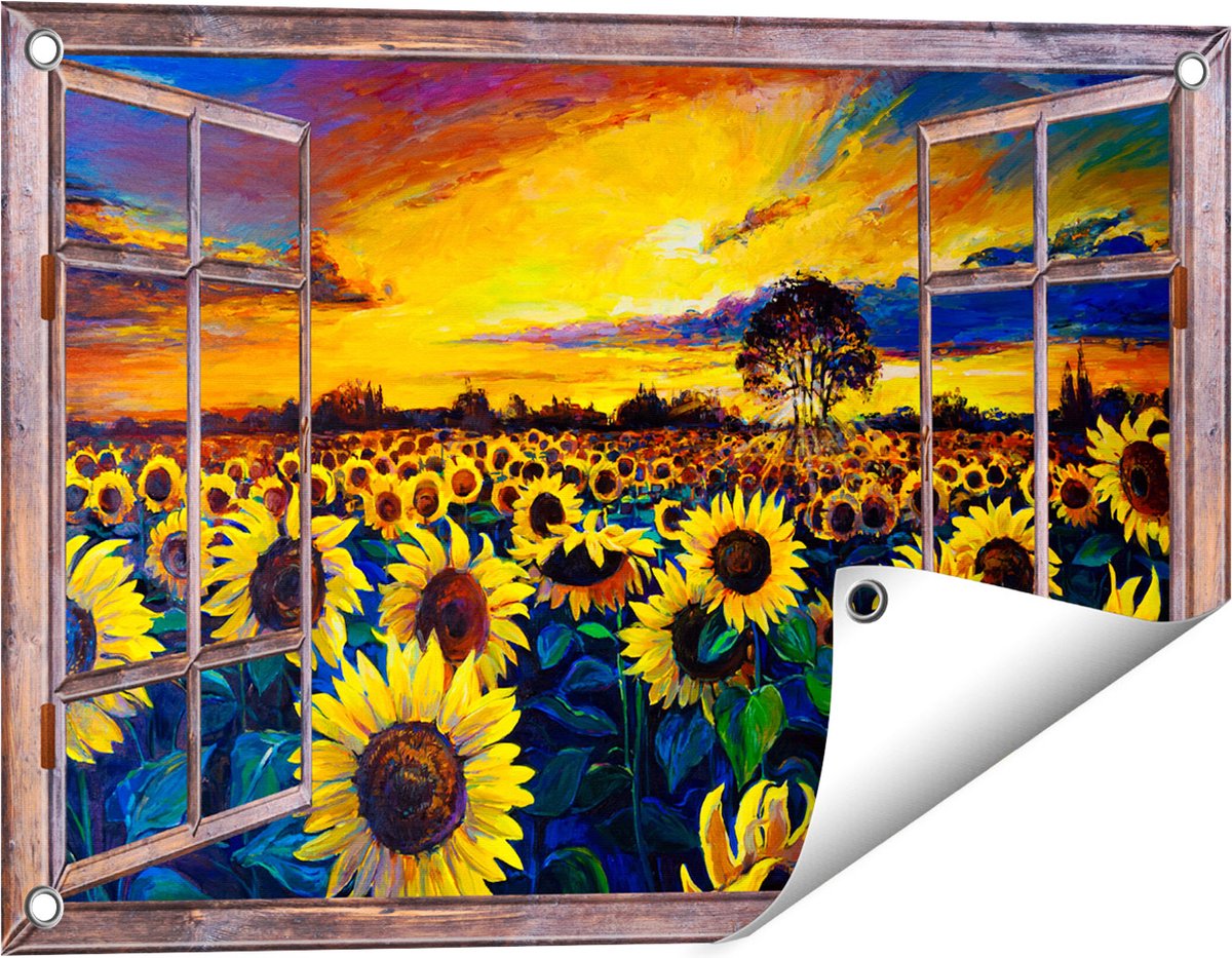 Gards Tuinposter Doorkijk Getekende Zonnebloemen Veld met Olieverf - 60x40 cm - Tuindoek - Tuindecoratie - Wanddecoratie buiten - Tuinschilderij