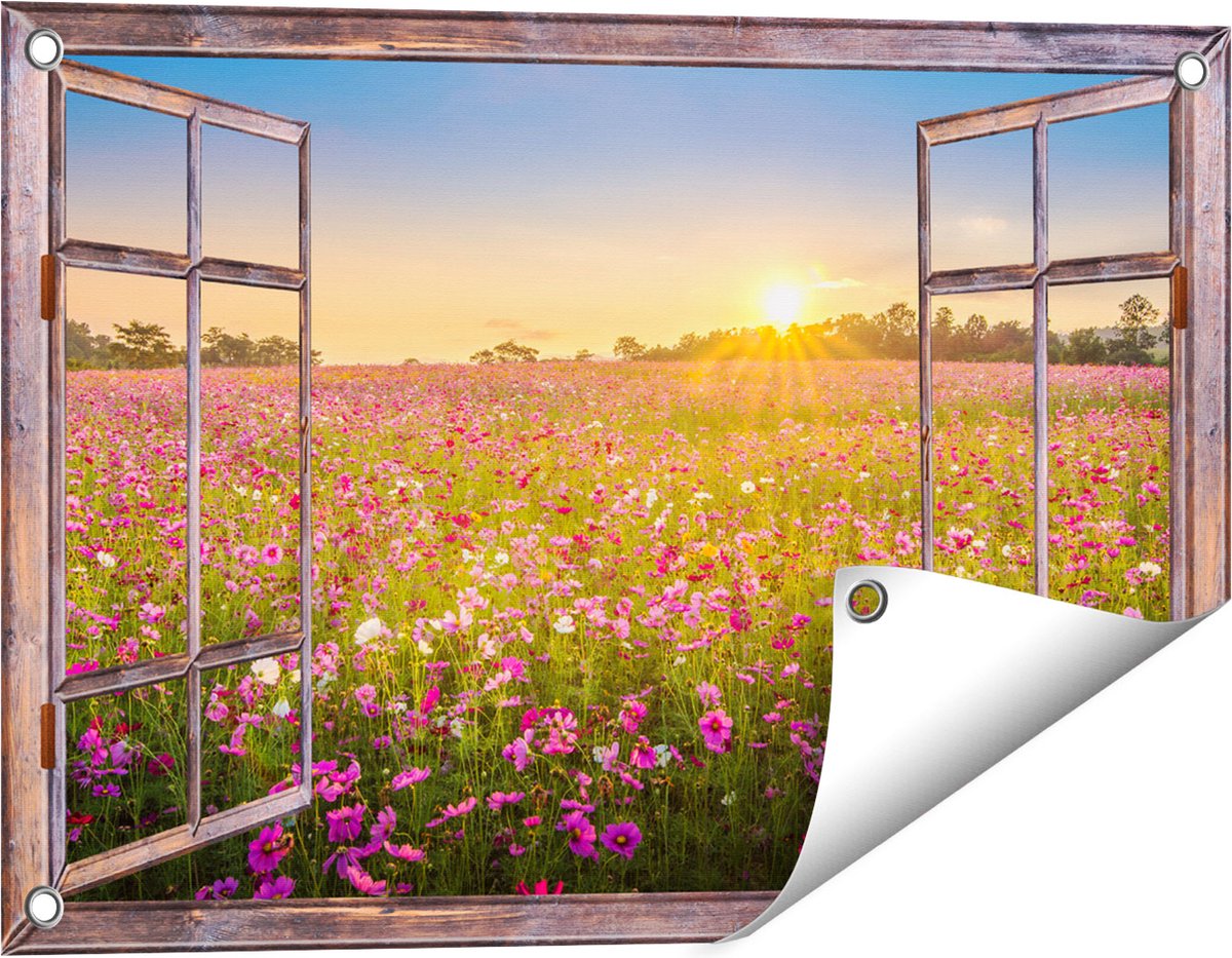 Gards Tuinposter Doorkijk Bloemenveld met Roze Kosmos - 60x40 cm - Tuindoek - Tuindecoratie - Wanddecoratie buiten - Tuinschilderij