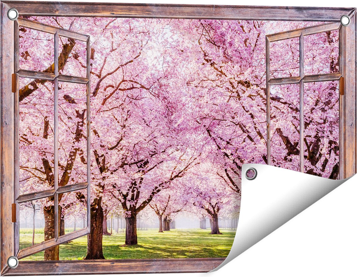 Gards Tuinposter Doorkijk Roze Bloesembomen Park - Bloemen - 60x40 cm - Tuindoek - Tuindecoratie - Wanddecoratie buiten - Tuinschilderij