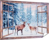 Gards Tuinposter Doorkijk Twee Herten in het Bos met Sneeuw - 180x120 cm - Tuindoek - Tuindecoratie - Wanddecoratie buiten - Tuinschilderij