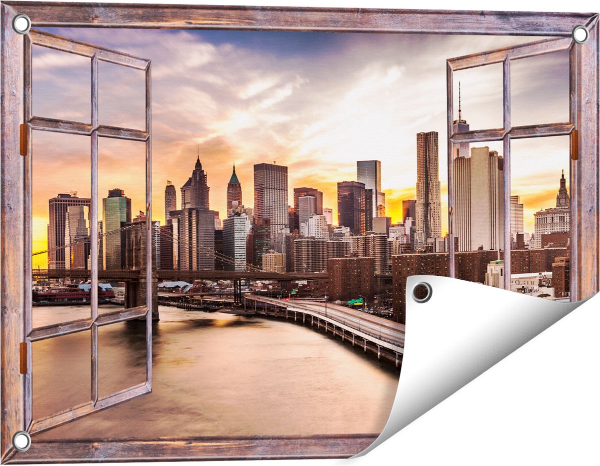 Gards Tuinposter Doorkijk Brooklyn Bridge Brug in New York - 60x40 cm - Tuindoek - Tuindecoratie - Wanddecoratie buiten - Tuinschilderij Bruin