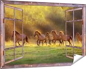 Gards Tuinposter Doorkijk Kudde Bruine Paarden in de Wei - 150x100 cm - Tuindoek - Tuindecoratie - Wanddecoratie buiten - Tuinschilderij