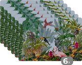 Placemat - Placemats kunststof - Jungle - Natuur - Jongens - Meisjes - Kinderen - Zebra - Flamingo - 45x30 cm - 6 stuks - Hittebestendig - Anti-Slip - Onderlegger - Afneembaar