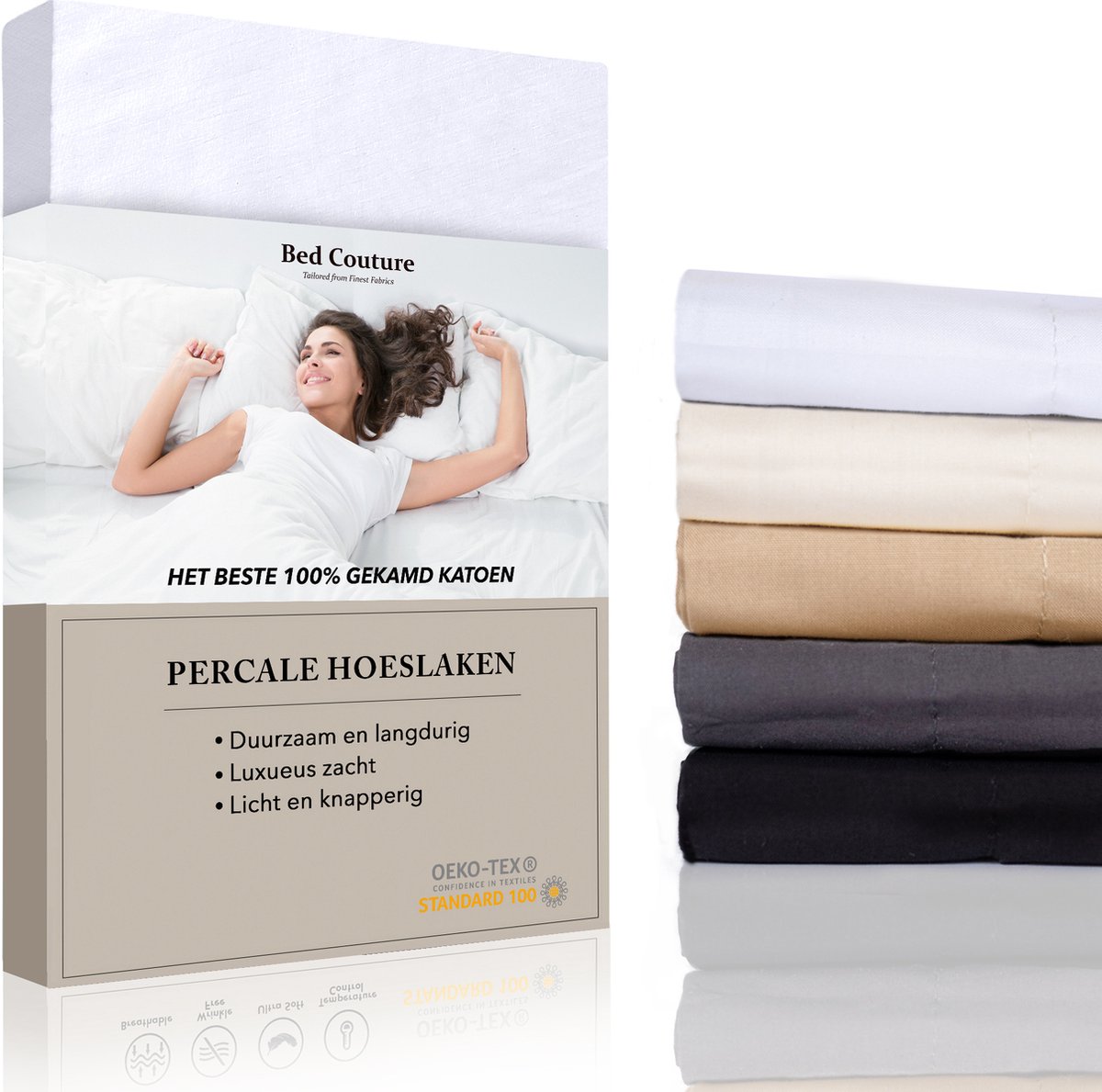 Bed Couture -Percale Hoeslaken van 100% hoogwaardig imperial weave Katoen - Eenpersoons 100x200cm - Hoekhoogte 30cm - Ultra zacht en soepel - Wit